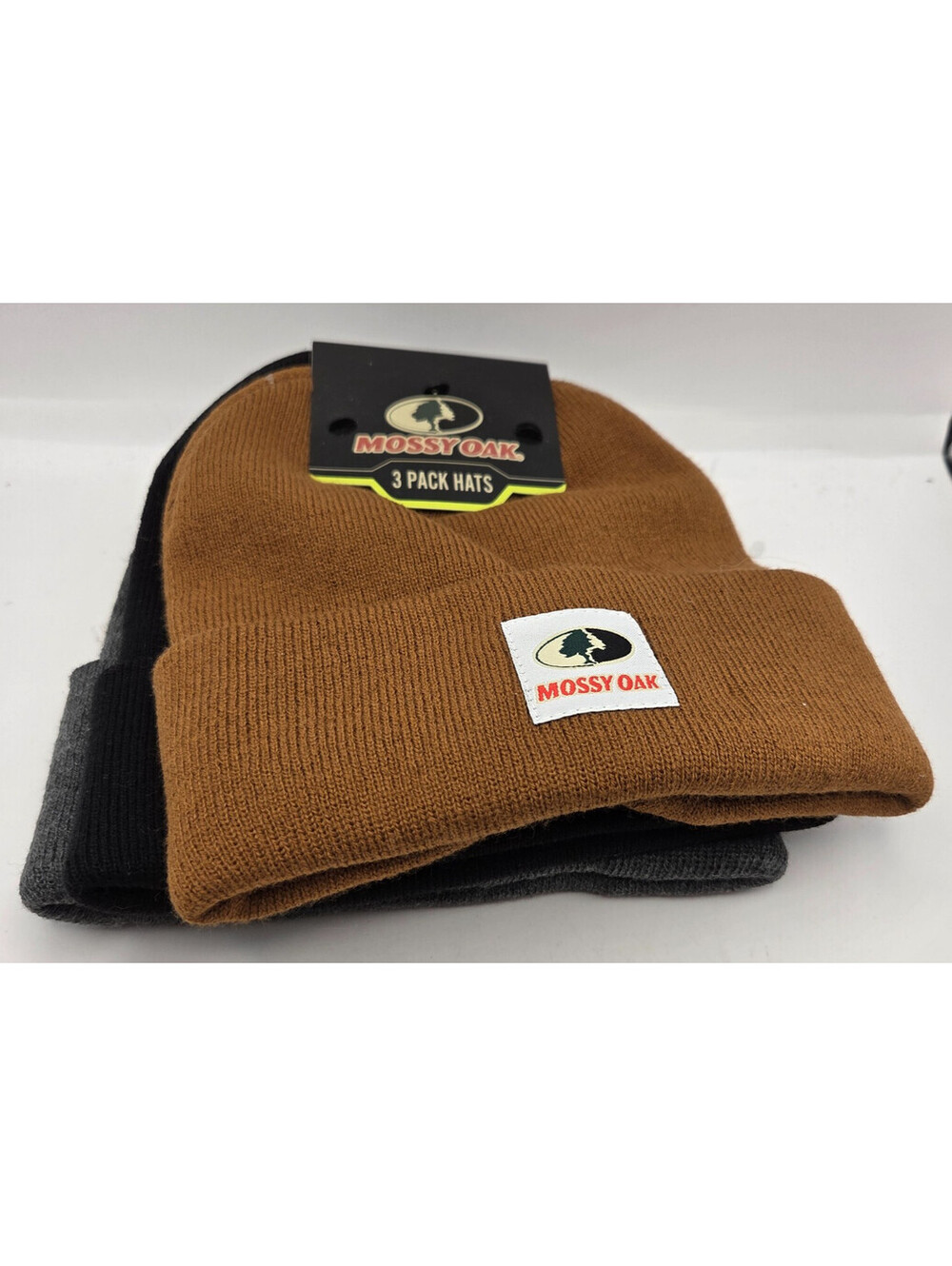 Mossy Oak 3 Pack Knit Beanie Hats Brown Black Gray One Size NWT Hunting